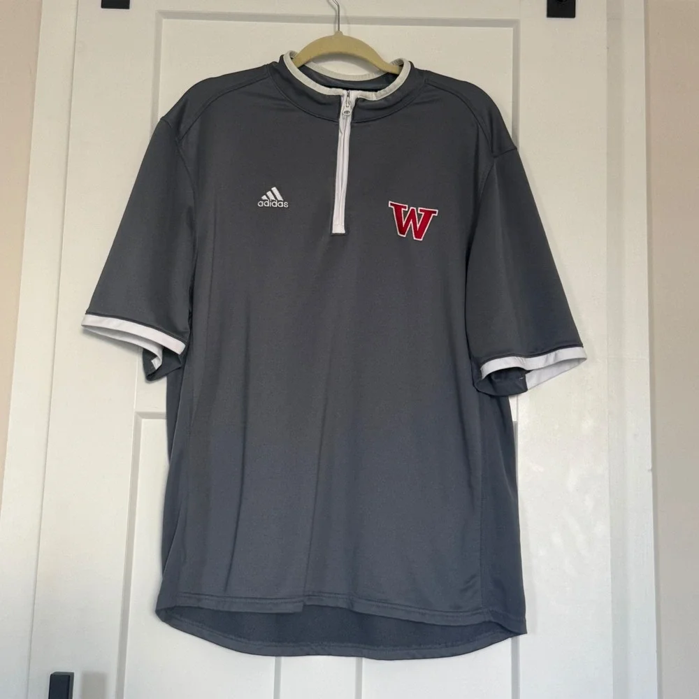 Adidas Climalite XL Gray 1/4 Zip Short Sleeve Pullover Red‎ W Logo